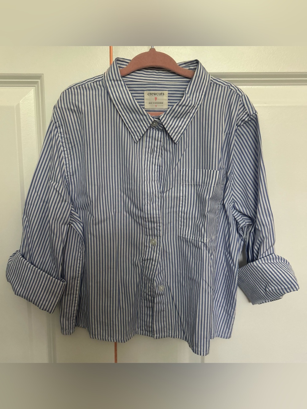 Crewcuts Cropped Blue and White Vertical Stripe Button-Down Shirt